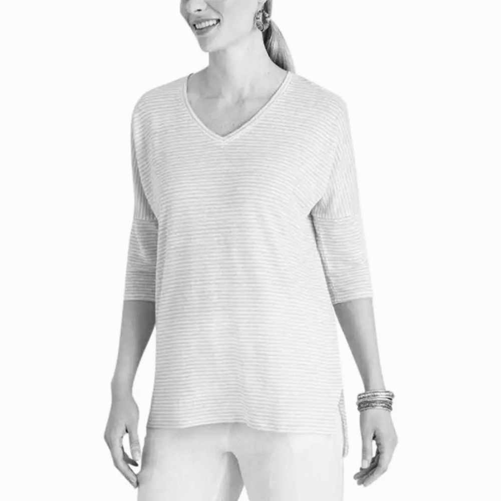 Chico’s Linen Stripe Drop Shoulder 3/4 Sleeve Top 3 - Picture 9 of 9